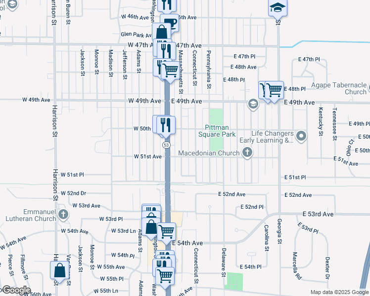 map of restaurants, bars, coffee shops, grocery stores, and more near 5063 Massachusetts Street in Gary