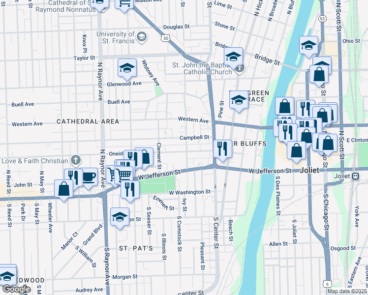 map of restaurants, bars, coffee shops, grocery stores, and more near 501 Oneida Street in Joliet