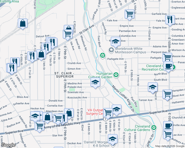 map of restaurants, bars, coffee shops, grocery stores, and more near 1041 Ansel Road in Cleveland