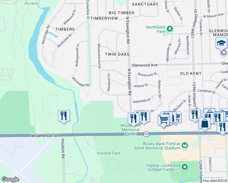 map of restaurants, bars, coffee shops, grocery stores, and more near 3222 Randy Road in Joliet
