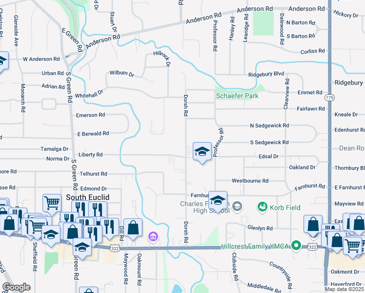 map of restaurants, bars, coffee shops, grocery stores, and more near 1248 Dorsh Road in South Euclid