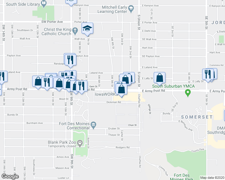 map of restaurants, bars, coffee shops, grocery stores, and more near 491 Army Post Road in Des Moines