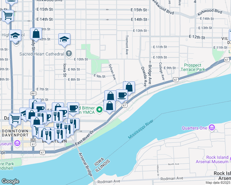 map of restaurants, bars, coffee shops, grocery stores, and more near 814 Charlotte Street in Davenport