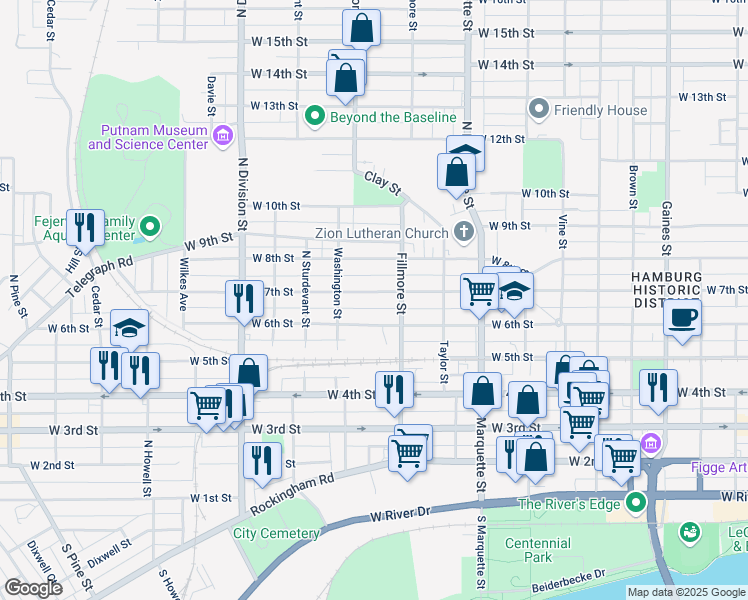 map of restaurants, bars, coffee shops, grocery stores, and more near 1426 West 6th Street in Davenport