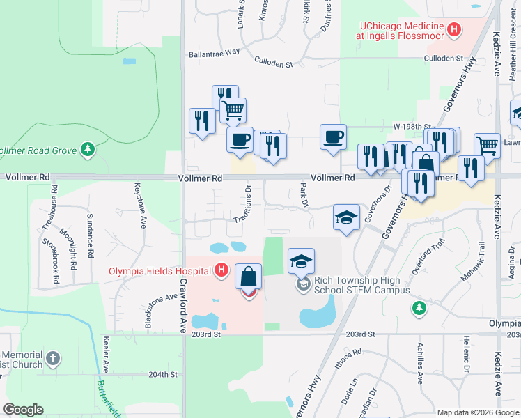 map of restaurants, bars, coffee shops, grocery stores, and more near 3633 Breaker Drive in Olympia Fields