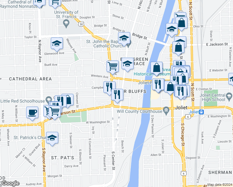 map of restaurants, bars, coffee shops, grocery stores, and more near 203 Pine Street in Joliet