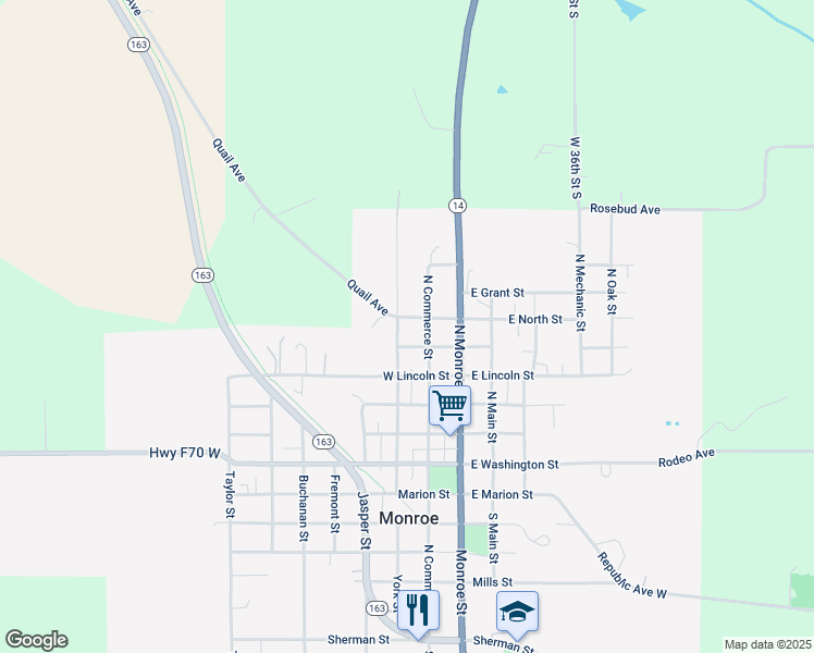 map of restaurants, bars, coffee shops, grocery stores, and more near 105 Nevada Street in Monroe