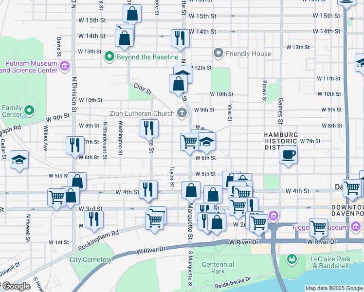 map of restaurants, bars, coffee shops, grocery stores, and more near 1217 West 7th Street in Davenport