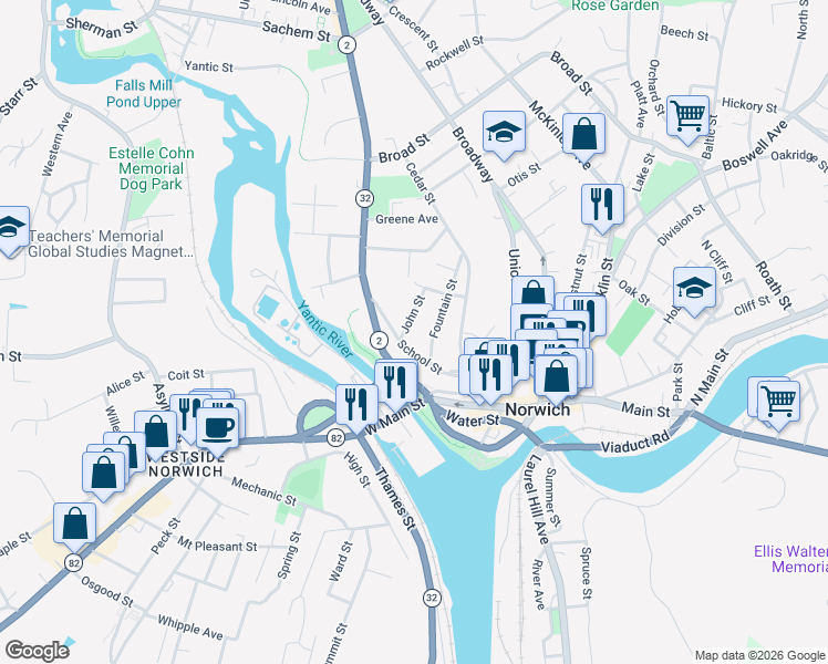map of restaurants, bars, coffee shops, grocery stores, and more near 61 School Street in Norwich