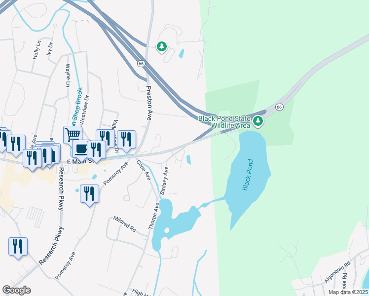 map of restaurants, bars, coffee shops, grocery stores, and more near 1561 East Main Street in Meriden