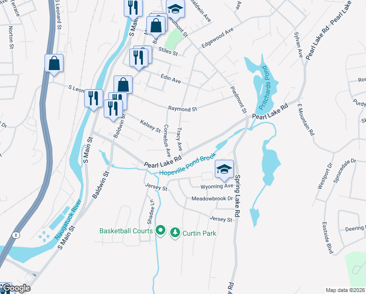 map of restaurants, bars, coffee shops, grocery stores, and more near 334 Pearl Lake Road in Waterbury