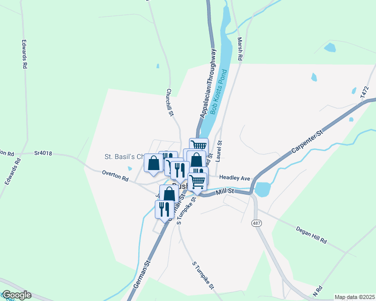 map of restaurants, bars, coffee shops, grocery stores, and more near 123-135 Churchill Street in Dushore