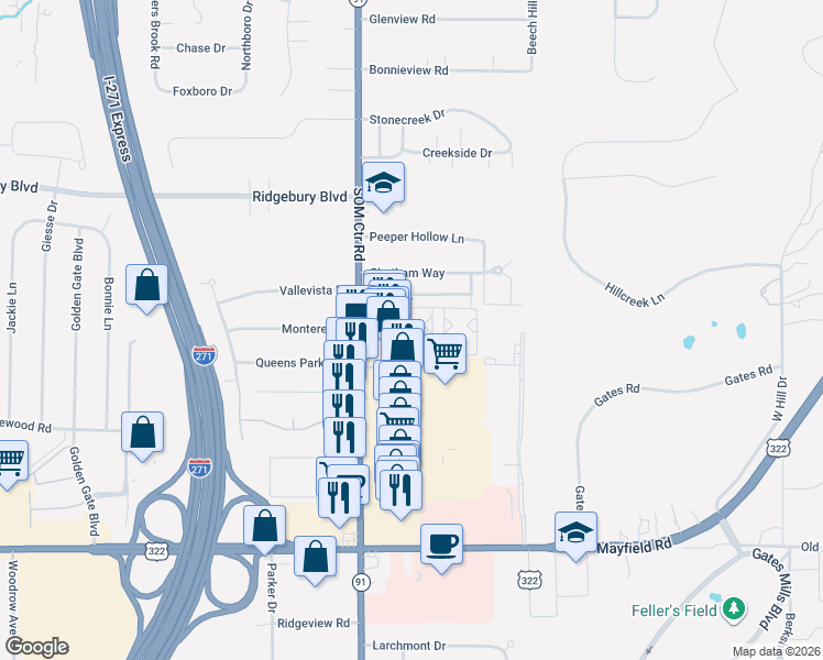 map of restaurants, bars, coffee shops, grocery stores, and more near 1223 Drury Court in Mayfield Heights