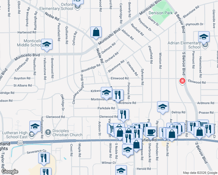 map of restaurants, bars, coffee shops, grocery stores, and more near 2780 Noble Road in Cleveland Heights