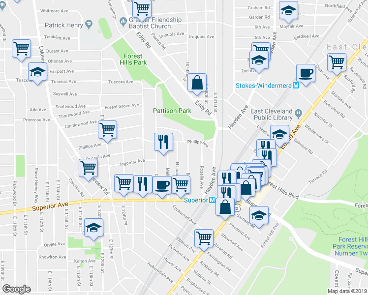 map of restaurants, bars, coffee shops, grocery stores, and more near 1195 Bender Avenue in East Cleveland