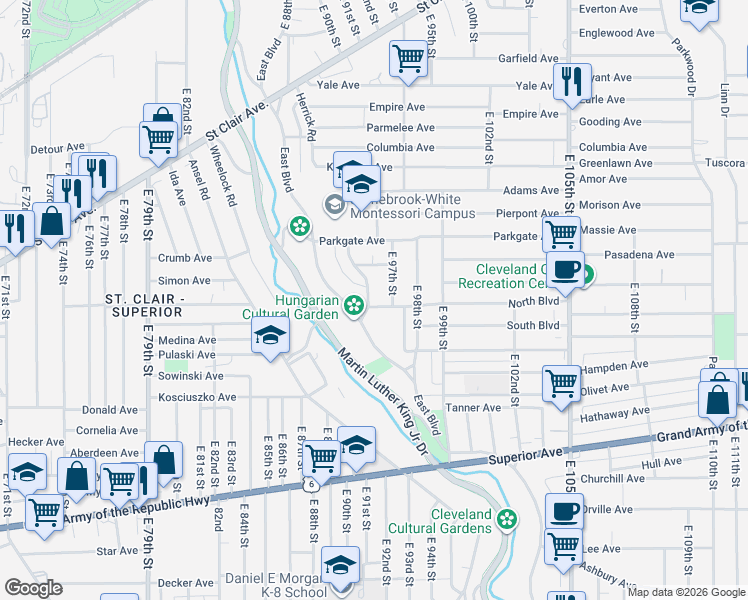 map of restaurants, bars, coffee shops, grocery stores, and more near 1131 East Boulevard in Cleveland