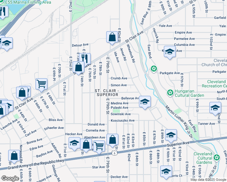 map of restaurants, bars, coffee shops, grocery stores, and more near in Cleveland