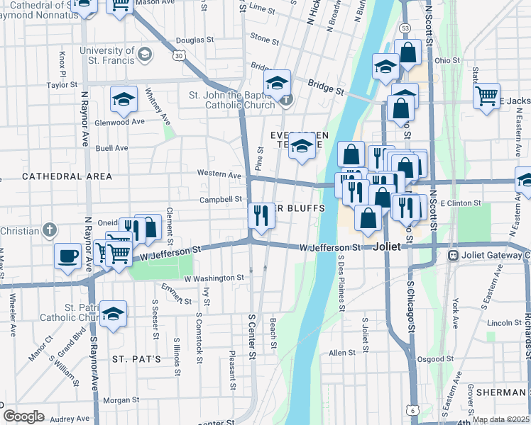 map of restaurants, bars, coffee shops, grocery stores, and more near 116 North Center Street in Joliet