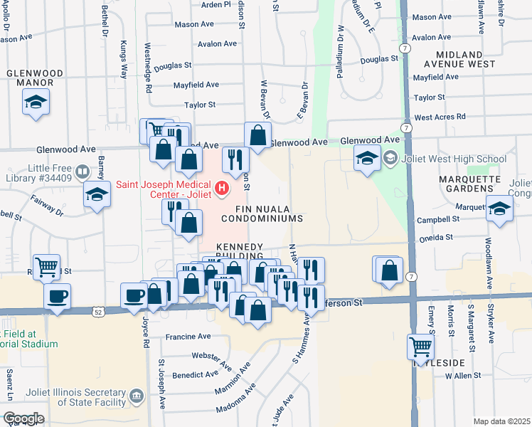 map of restaurants, bars, coffee shops, grocery stores, and more near 210 Madison Street in Joliet