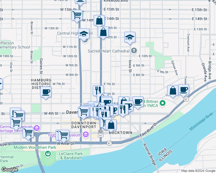 map of restaurants, bars, coffee shops, grocery stores, and more near 126 East 6th Street in Davenport