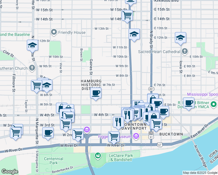 map of restaurants, bars, coffee shops, grocery stores, and more near 514 West 6th Street in Davenport