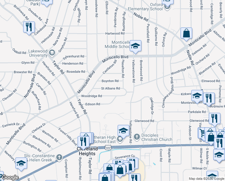 map of restaurants, bars, coffee shops, grocery stores, and more near 3547 Woodridge Road in Cleveland Heights