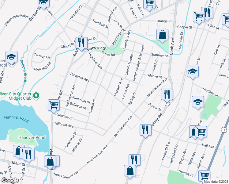 map of restaurants, bars, coffee shops, grocery stores, and more near 59 Meriden Avenue in Meriden