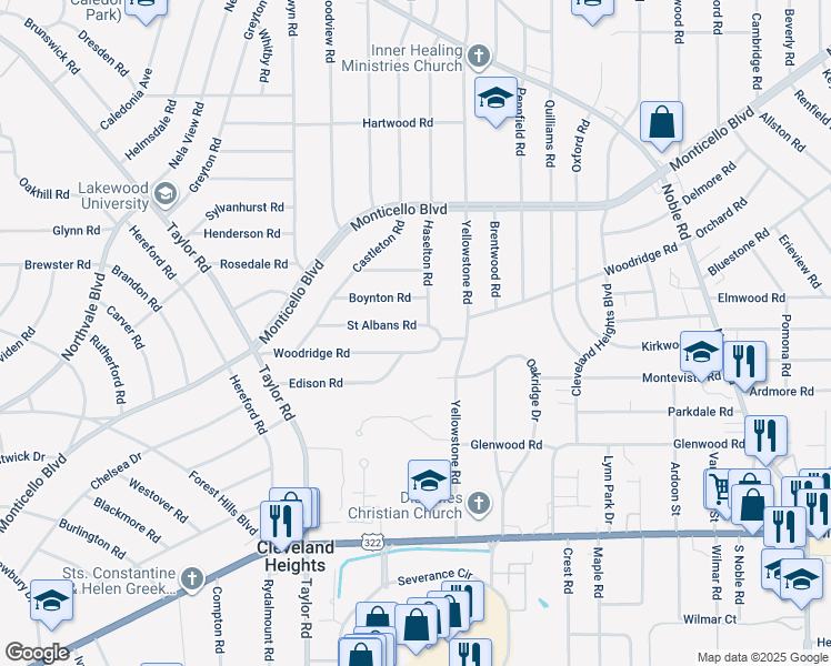 map of restaurants, bars, coffee shops, grocery stores, and more near 3558 Saint Albans Road in Cleveland Heights