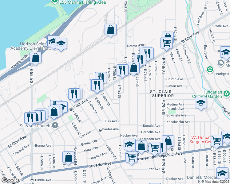 map of restaurants, bars, coffee shops, grocery stores, and more near 1027 East 70th Street in Cleveland
