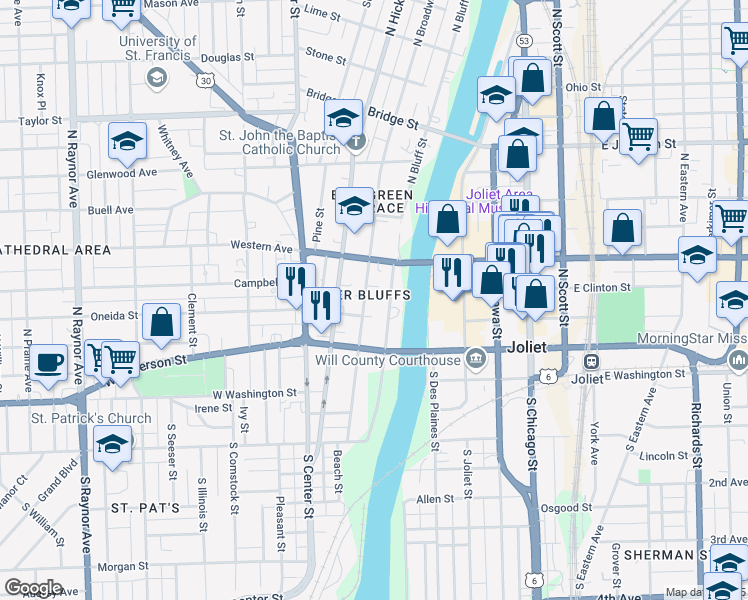 map of restaurants, bars, coffee shops, grocery stores, and more near 206 North Broadway Street in Joliet