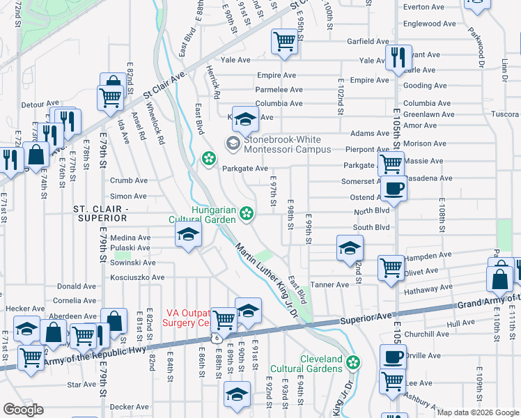 map of restaurants, bars, coffee shops, grocery stores, and more near 1131 East Boulevard in Cleveland