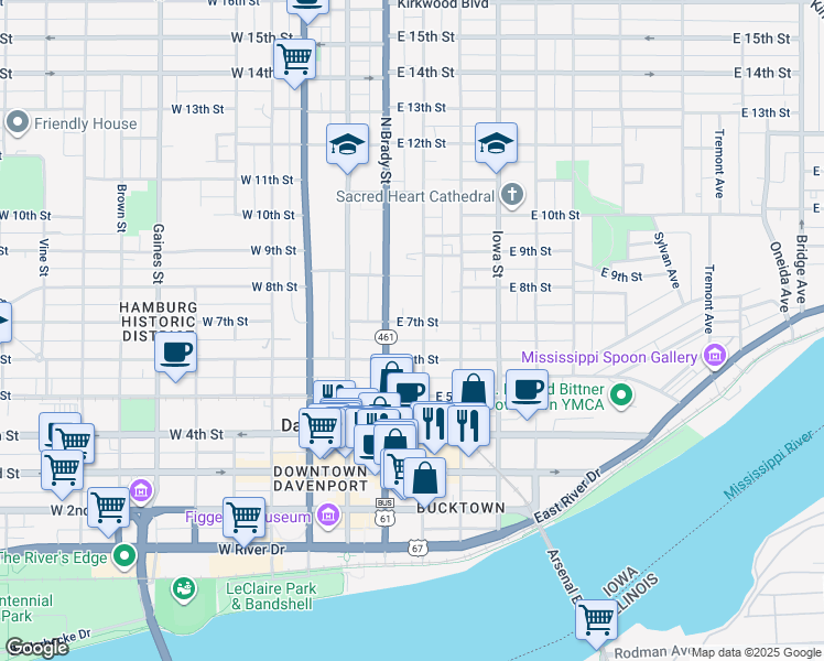 map of restaurants, bars, coffee shops, grocery stores, and more near 126 East 6th Street in Davenport