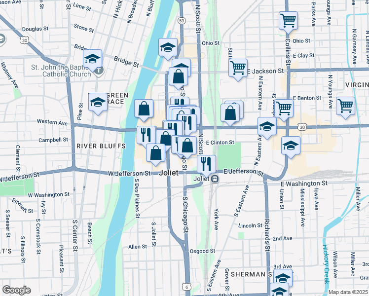 map of restaurants, bars, coffee shops, grocery stores, and more near 100n North Chicago Street in Joliet