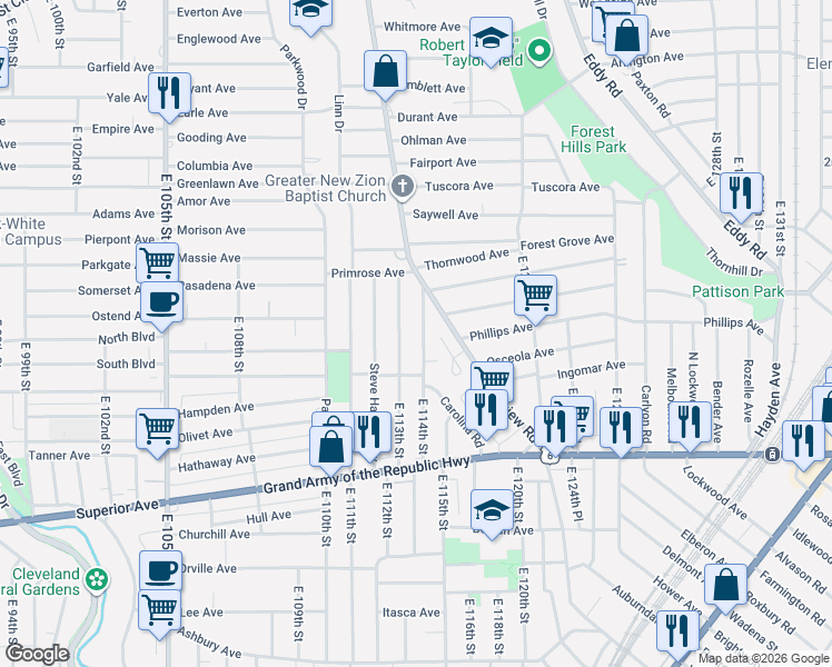 map of restaurants, bars, coffee shops, grocery stores, and more near 1160 East 114th Street in Cleveland