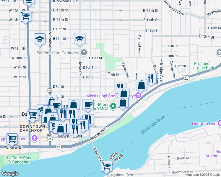 map of restaurants, bars, coffee shops, grocery stores, and more near 631 East 7th Street in Davenport