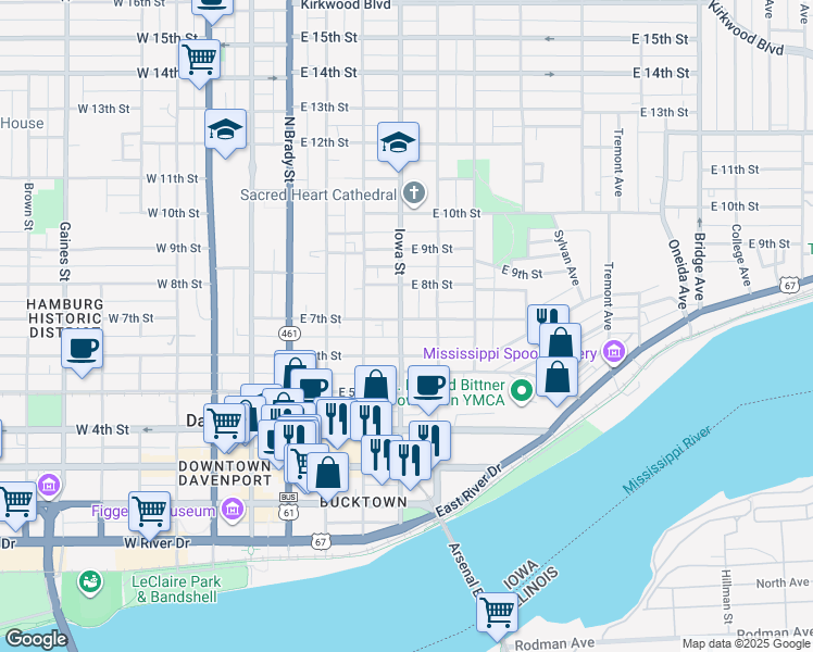 map of restaurants, bars, coffee shops, grocery stores, and more near 405 East 7th Street in Davenport