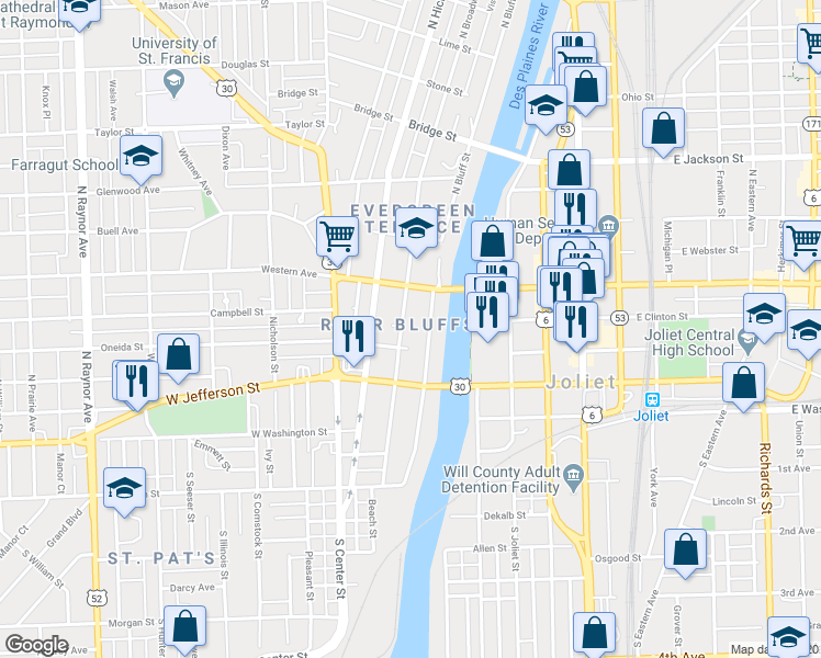 map of restaurants, bars, coffee shops, grocery stores, and more near 206 North Broadway Street in Joliet