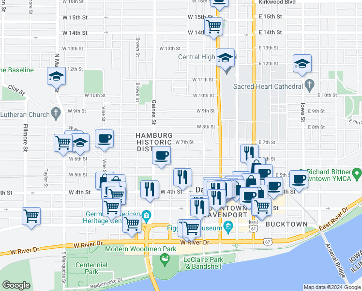 map of restaurants, bars, coffee shops, grocery stores, and more near 513 West 7th Street in Davenport