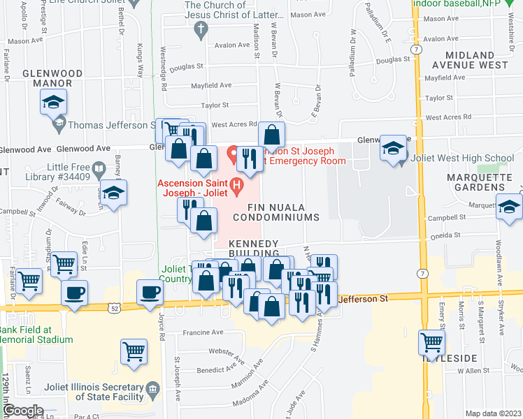 map of restaurants, bars, coffee shops, grocery stores, and more near 218 Madison Street in Joliet