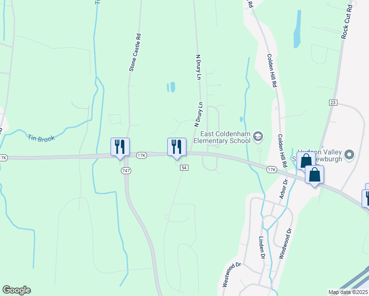 map of restaurants, bars, coffee shops, grocery stores, and more near 165 North Drury Lane in Newburgh