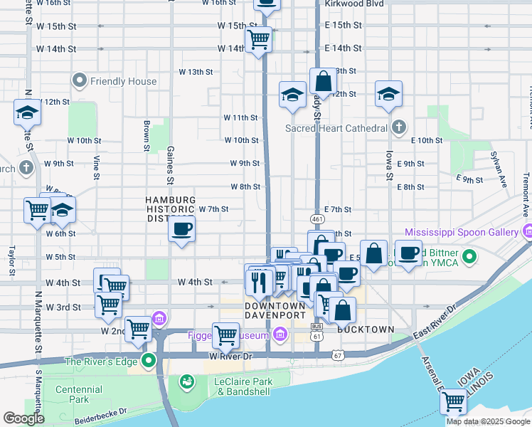 map of restaurants, bars, coffee shops, grocery stores, and more near 628 North Harrison Street in Davenport