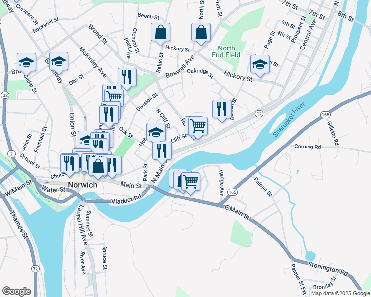 map of restaurants, bars, coffee shops, grocery stores, and more near 65 Main Street in Norwich