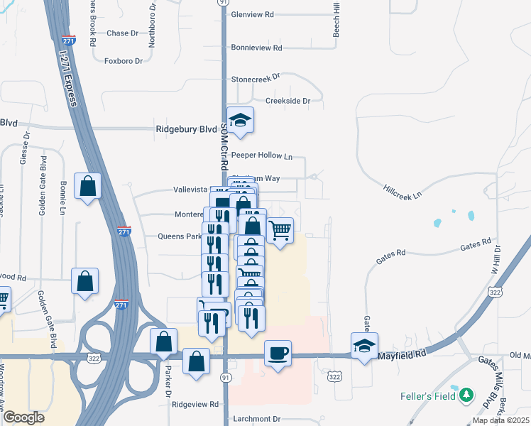 map of restaurants, bars, coffee shops, grocery stores, and more near 1223 Drury Court in Mayfield Heights