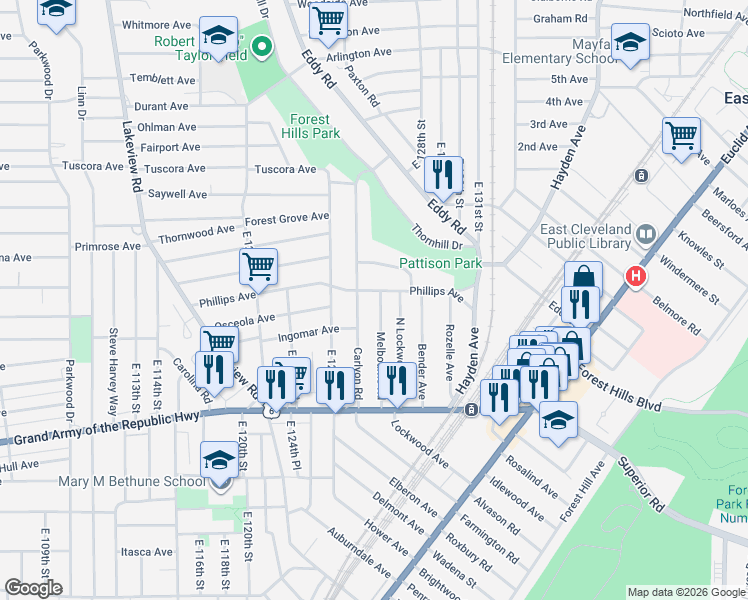 map of restaurants, bars, coffee shops, grocery stores, and more near 1195 Carlyon Road in East Cleveland