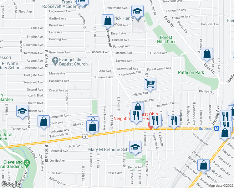 map of restaurants, bars, coffee shops, grocery stores, and more near 1160 East 114th Street in Cleveland