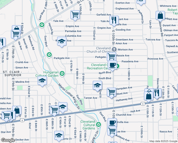 map of restaurants, bars, coffee shops, grocery stores, and more near 10007 South Boulevard in Cleveland