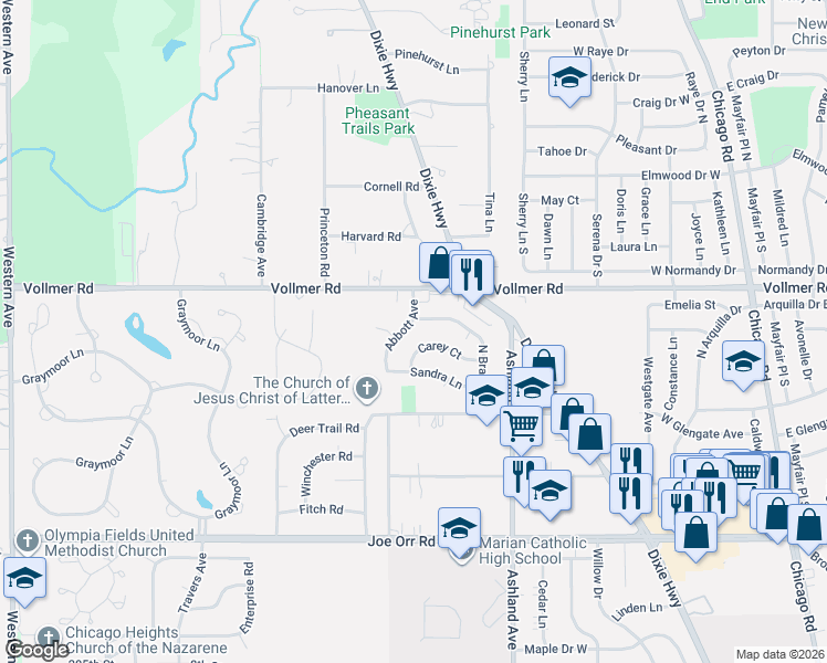 map of restaurants, bars, coffee shops, grocery stores, and more near 420 Carey Court in Chicago Heights