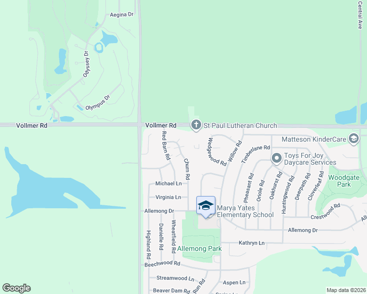 map of restaurants, bars, coffee shops, grocery stores, and more near 115 Churn Road in Matteson