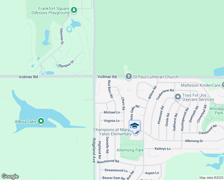 map of restaurants, bars, coffee shops, grocery stores, and more near 59 Red Barn Road in Matteson