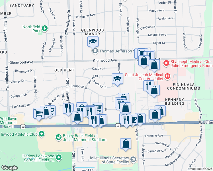 map of restaurants, bars, coffee shops, grocery stores, and more near 2522 Fairway Drive in Joliet